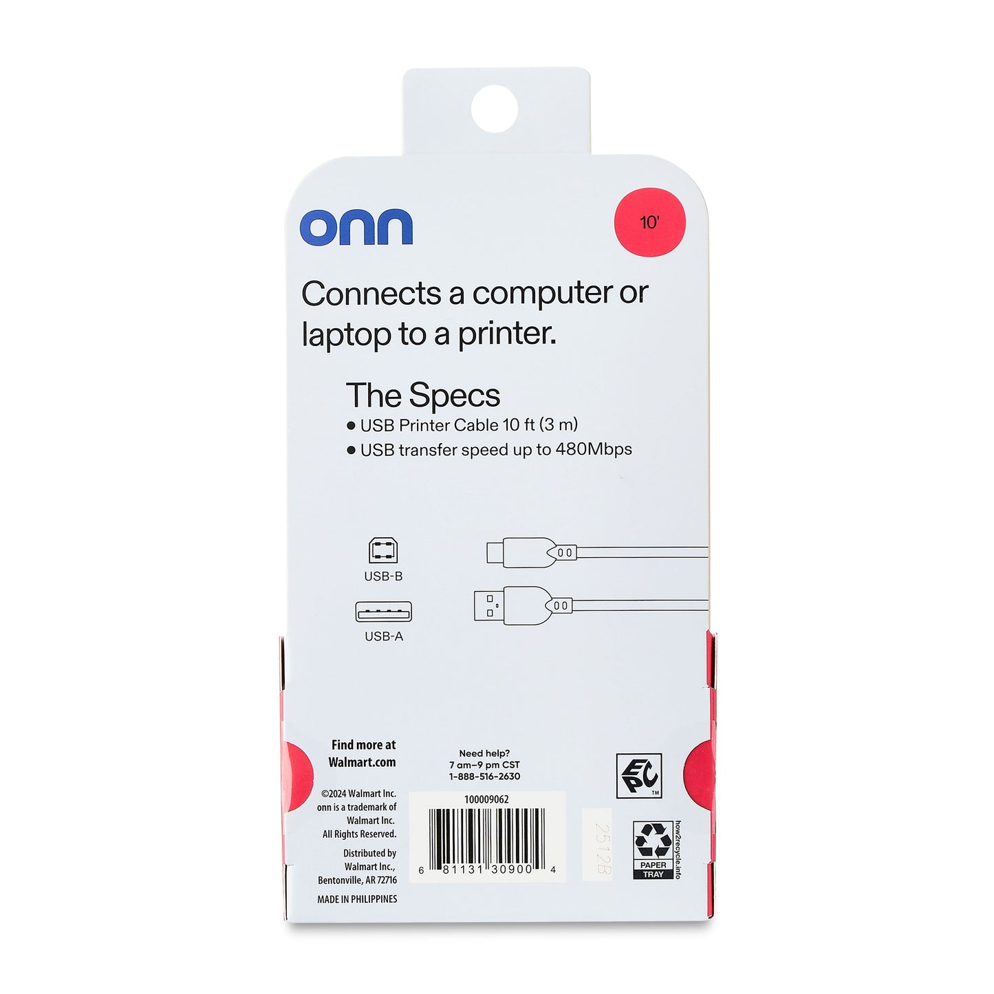 . 10Ft USB Printer Cable, USB to USB-B, Gray, 1 Piece per Pack